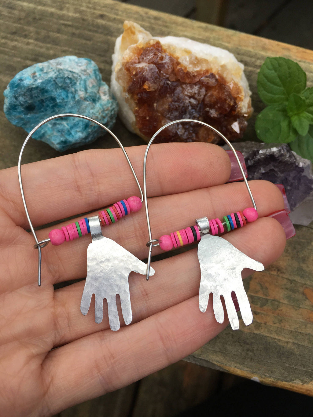 Handmade Hoop Earrings, Pink Vinyl Beads, Aluminum Hand Charms